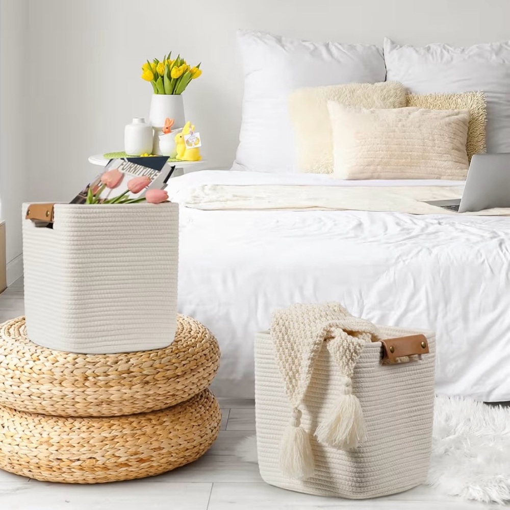 New Set of 2 White Cotton Woven Rope Storage Baskets Bins with Leather Handles